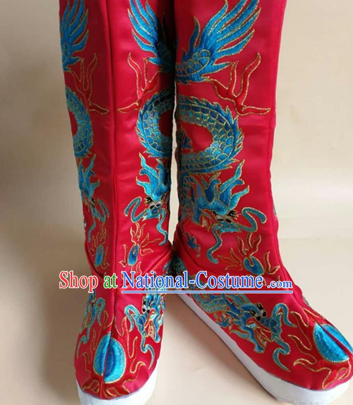 Chinese Sichuan Opera Embroidered Dragon Shoes Ancient Emperor Shoes Beijing Opera King Shoes Handmade Imperial Red Satin Boots