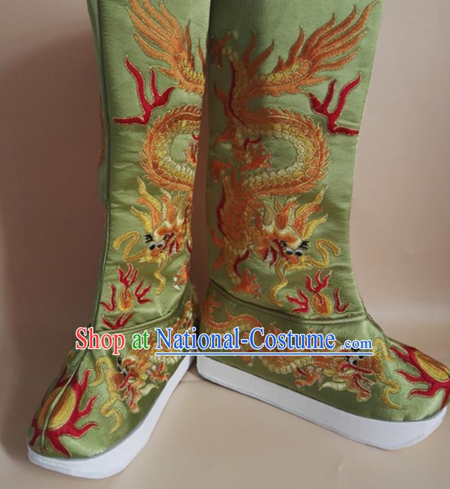 Chinese Beijing Opera King Shoes Handmade Light Green Satin Boots Sichuan Opera Embroidered Dragon Shoes Ancient Emperor Shoes