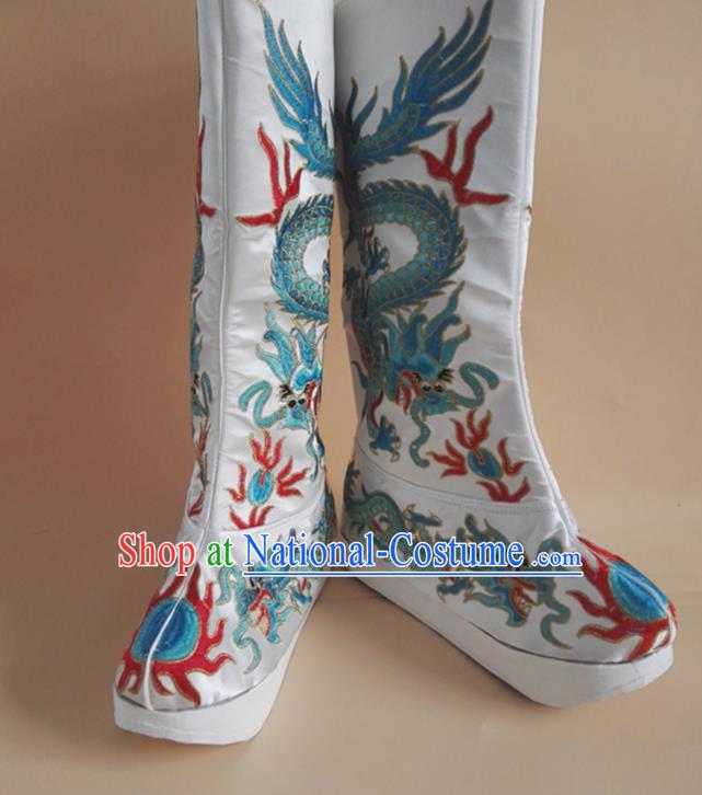 Chinese Ancient King Shoes Beijing Opera Emperor Shoes Handmade Embroidered Dragon White Satin Boots Sichuan Opera Shoes