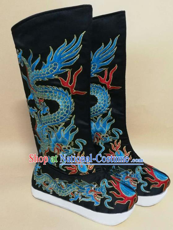 Chinese Sichuan Opera Shoes Ancient King Shoes Beijing Opera Emperor Shoes Handmade Embroidered Dragon Black Satin Boots