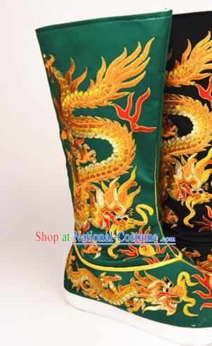 Chinese Embroidered Dragon Green Satin Boots Sichuan Opera Shoes Ancient King Shoes Handmade Beijing Opera Emperor Shoes