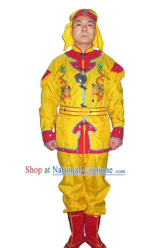 Chinese Ancient Warrior Garment Costumes Drum Dance Yellow Uniforms Folk Dance Clothing Lion Dance Outfits