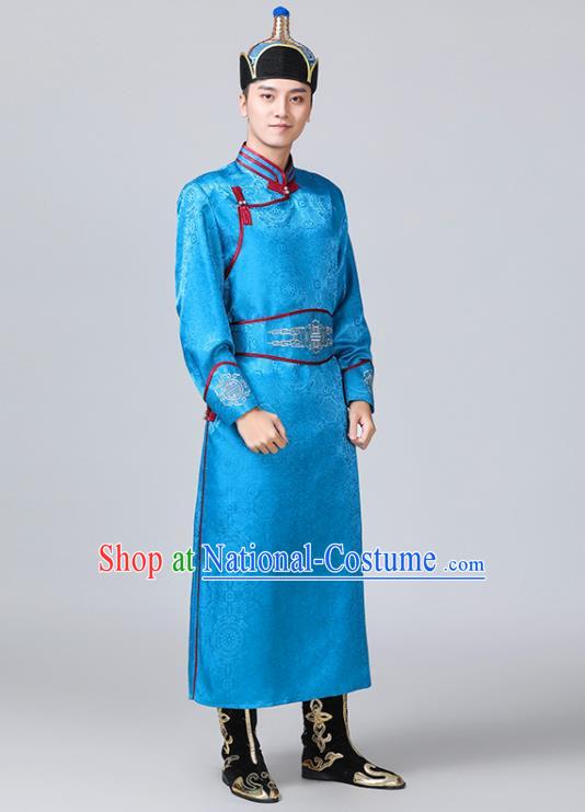 Chinese Mongolian Male Garment Ethnic Wedding Costume Minority Folk Dance Clothing Mongol Nationality Blue Robe