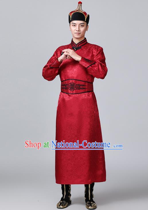 Chinese Mongol Nationality Red Robe Mongolian Male Garment Ethnic Wedding Costume Minority Folk Dance Clothing