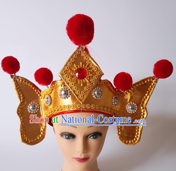 Chinese Peking Opera Wusheng Golden Hat Ancient Warrior Headpieces Beijing Opera Young Male Helmet Headdress