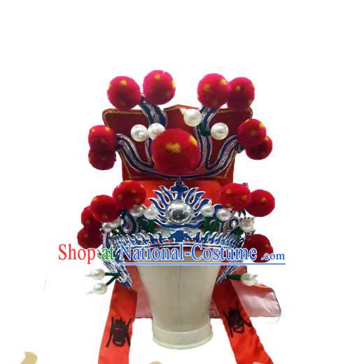 Chinese Peking Opera General Helmet Ancient Warrior Headdress Beijing Opera Wusheng Red Hat Headwear