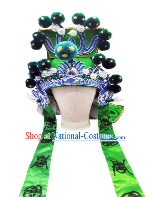 Chinese Beijing Opera Wusheng Green Hat Headwear Peking Opera General Helmet Ancient Warrior Headdress