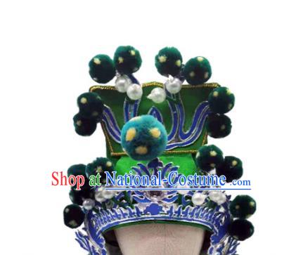 Chinese Beijing Opera Wusheng Green Hat Headwear Peking Opera General Helmet Ancient Warrior Headdress