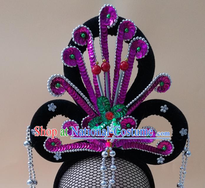 Chinese Ancient Fairy Headpieces Beijing Opera Hua Tan Wigs Chignon Headdress Peking Opera Diva Purple Phoenix Hair Accessories