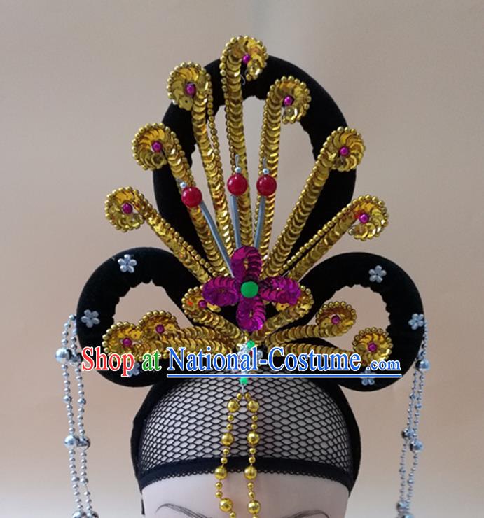 Chinese Beijing Opera Hua Tan Wigs Chignon Headdress Peking Opera Diva Golden Phoenix Hair Accessories Ancient Fairy Headpieces