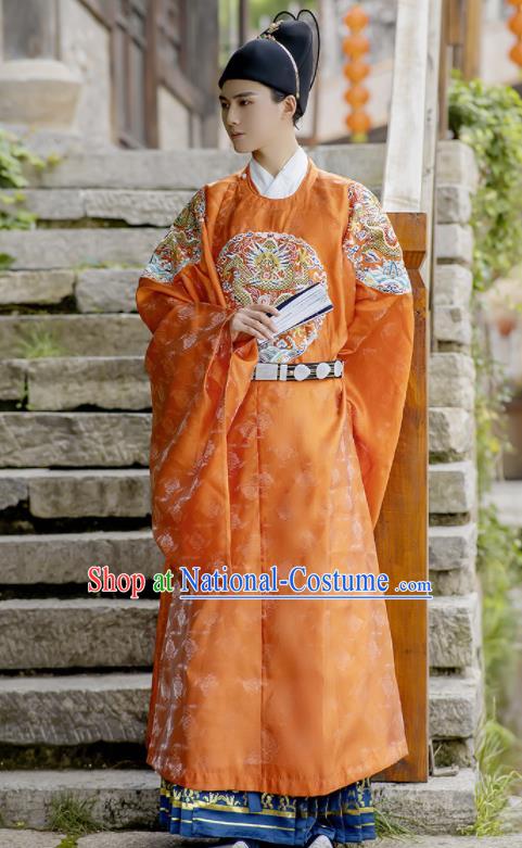 China Traditional Ming Dynasty Wedding Clothing Orange Imperial Robe Ancient Emperor Garment Costume for Men