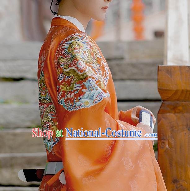 China Traditional Ming Dynasty Wedding Clothing Orange Imperial Robe Ancient Emperor Garment Costume for Men