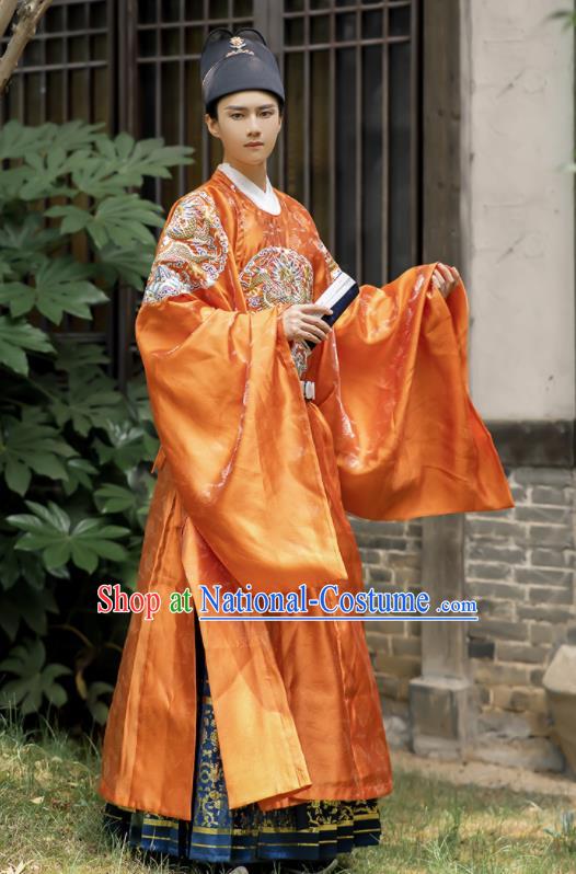 China Traditional Ming Dynasty Wedding Clothing Orange Imperial Robe Ancient Emperor Garment Costume for Men