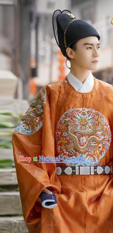 China Traditional Ming Dynasty Wedding Clothing Orange Imperial Robe Ancient Emperor Garment Costume for Men