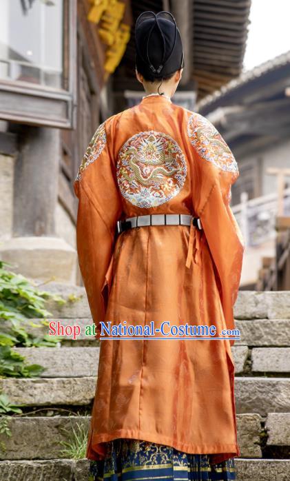 China Traditional Ming Dynasty Wedding Clothing Orange Imperial Robe Ancient Emperor Garment Costume for Men