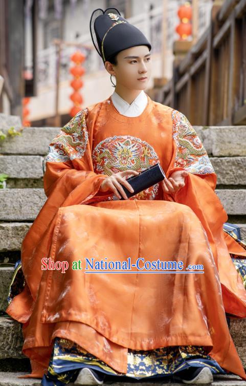 China Traditional Ming Dynasty Wedding Clothing Orange Imperial Robe Ancient Emperor Garment Costume for Men