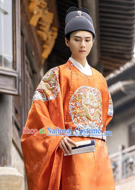 China Traditional Ming Dynasty Wedding Clothing Orange Imperial Robe Ancient Emperor Garment Costume for Men