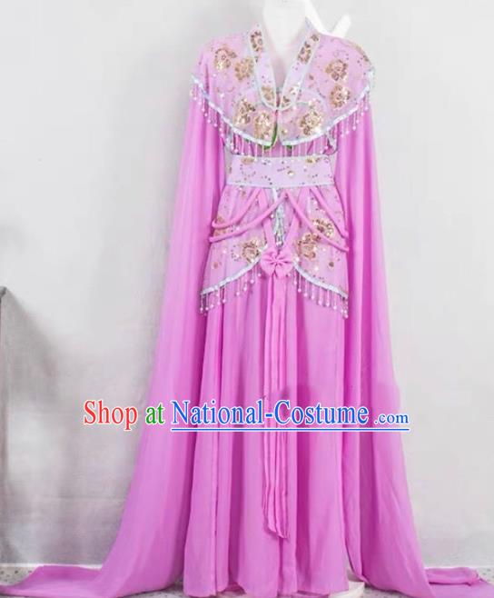 China Huangmei Opera Diva Garment Ancient Fairy Clothing Peking Opera Hua Tan Costume Beijing Opera Actress Violet Water Sleeve Dress