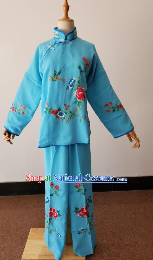 China Peking Opera Country Woman Dress Beijing Opera Xiaodan Costumes Huangmei Opera Maid Lady Light Blue Uniforms Ancient Village Girl Clothing