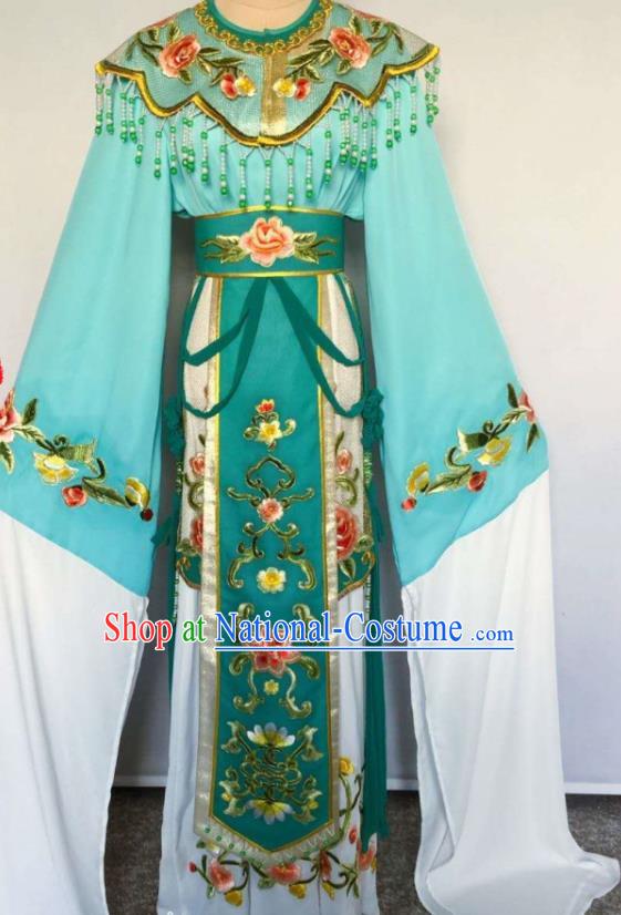 China Peking Opera Diva Green Dress Beijing Opera Hua Tan Costume Huangmei Opera Fairy Uniforms Ancient Noble Lady Clothing