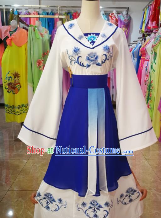 China Beijing Opera Civilian Woman Costume Shaoxing Opera Actress Uniforms Ancient Village Lady Clothing Peking Opera Maidservant Blue Dress