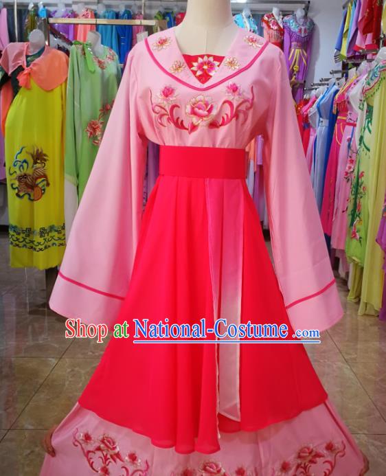 China Beijing Opera Village Lady Costume Shaoxing Opera Actress Uniforms Ancient Civilian Woman Clothing Peking Opera Maidservant Pink Dress