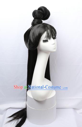 Chinese Jin Dynasty Royal Princess Hairpieces Traditional Hanfu Court Beauty Blunt Bangs Wigs Chignon Ancient Fairy Headdress