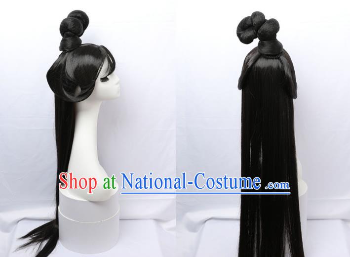 Chinese Jin Dynasty Royal Princess Hairpieces Traditional Hanfu Court Beauty Blunt Bangs Wigs Chignon Ancient Fairy Headdress