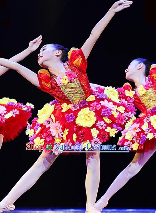 Professional Girl Modern Dance Clothing Chorus Group Fashion Stage Performance Red Dress Flower Dance Costume