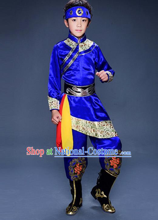 Chinese Mongol Nationality Boys Clothing Ethnic Children Folk Dance Garments Mongolian Minority Performance Blue Uniforms