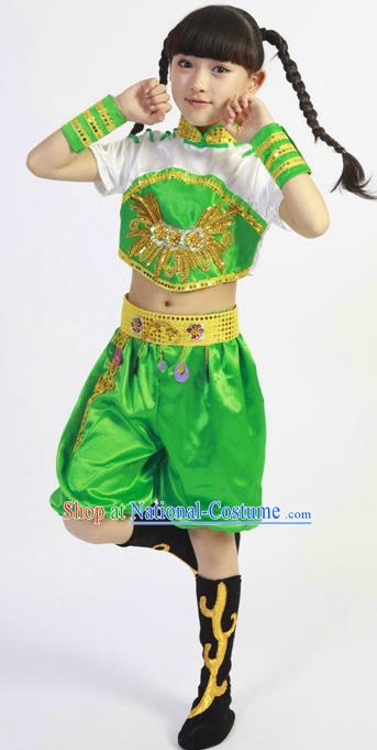 Chinese Children Yangko Dance Green Uniforms Folk Dance Costumes Fan Dance Dress New Year Yangge Dance Clothing