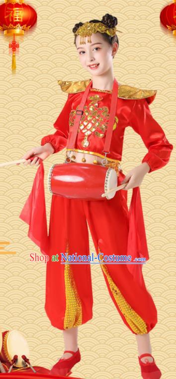 Chinese Drum Dance Dress New Year Yangge Dance Clothing Children Yangko Dance Red Uniforms Folk Dance Costumes