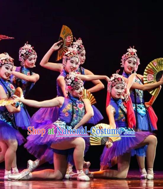 China Opera Dance Blue Dress Children Classical Dance Costumes Girl Stage Performance Dancewear Fan Dance Clothing