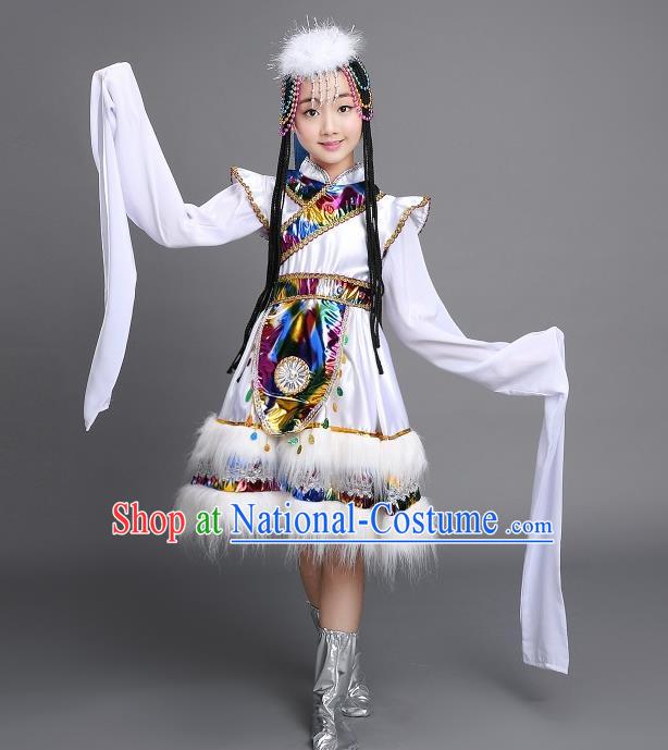 Chinese Zang Nationality Girls Clothing Ethnic Children Folk Dance Garments Tibetan Minority Performance White Dress