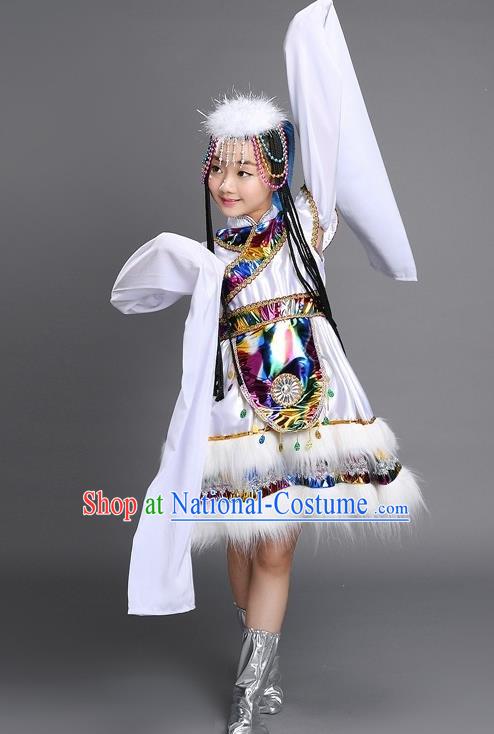 Chinese Zang Nationality Girls Clothing Ethnic Children Folk Dance Garments Tibetan Minority Performance White Dress