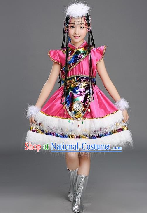 Chinese Tibetan Minority Performance Rosy Dress Zang Nationality Girls Clothing Ethnic Children Folk Dance Garments