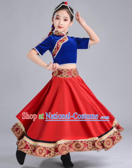 Chinese Zang Nationality Folk Dance Clothing Ethnic Children Stage Performance Garments Tibetan Minority Girl Red Dress and Hair Accessories