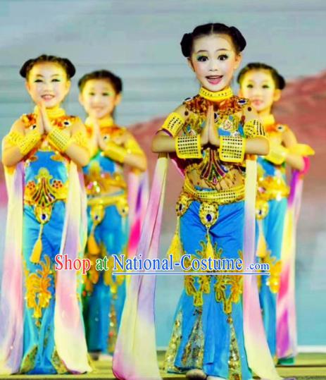 China Girl Stage Performance Dancewear Flying Dance Clothing Dunhuang Apsaras Dance Blue Outfits Children Classical Dance Costumes