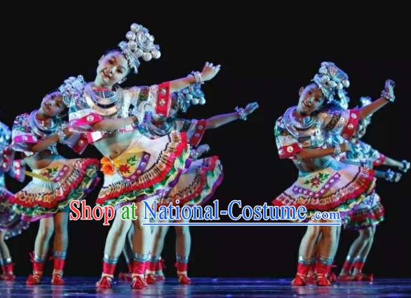 Chinese Miao Nationality Folk Dance Clothing Ethnic Children Stage Performance Garments Hmong Minority Girl White Dress