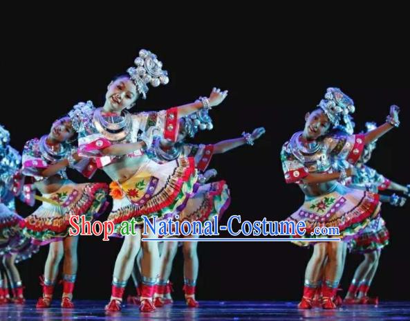 Chinese Miao Nationality Folk Dance Clothing Ethnic Children Stage Performance Garments Hmong Minority Girl White Dress