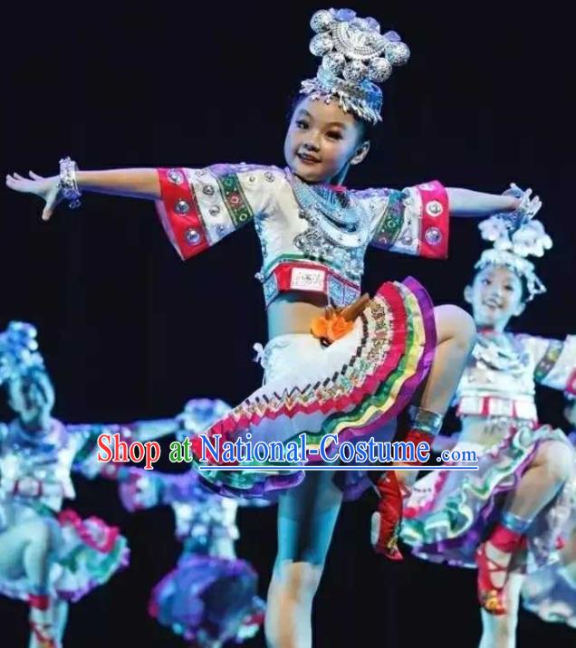 Chinese Miao Nationality Folk Dance Clothing Ethnic Children Stage Performance Garments Hmong Minority Girl White Dress