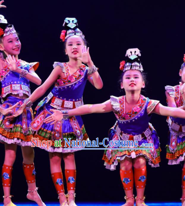 Chinese Hmong Minority Girl Blue Dress Miao Nationality Folk Dance Clothing Ethnic Children Stage Performance Garments