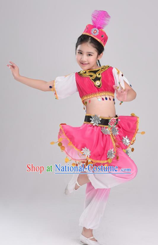 Chinese Xinjiang Ethnic Children Stage Performance Garments Uyghur Minority Girl Pink Outfits Uighur Nationality Folk Dance Clothing