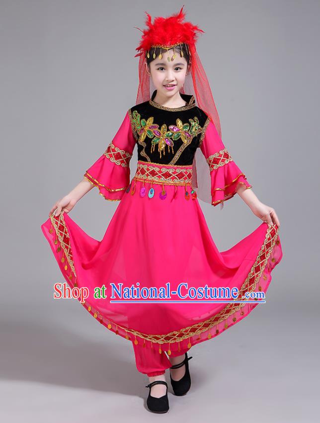 Chinese Uyghur Nationality Folk Dance Clothing Xinjiang Ethnic Children Performance Garments Uighur Minority Girl Rosy Dress Outfits