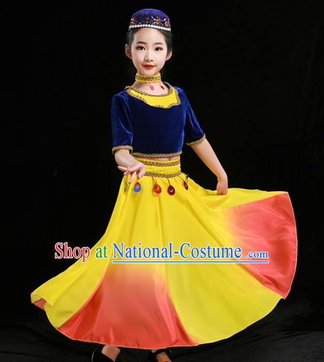 Chinese Uyghur Minority Girl Blue Velvet Outfits Uighur Nationality Folk Dance Clothing Xinjiang Ethnic Children Stage Performance Garments