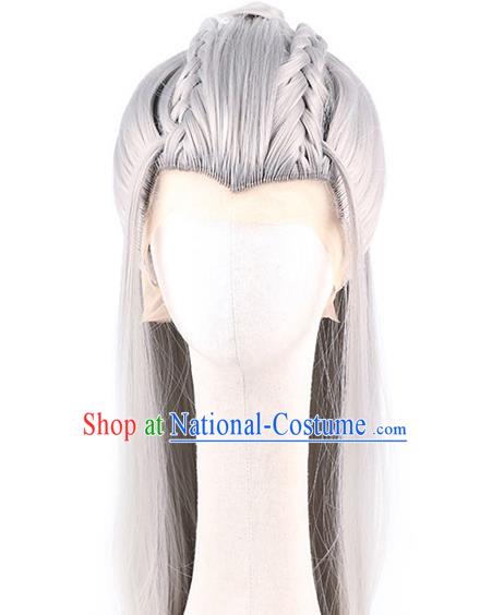 Chinese Traditional Cosplay Swordsman Headdress Ancient Knight Hairpieces Handmade Ming Dynasty Grey Front Lace Wigs