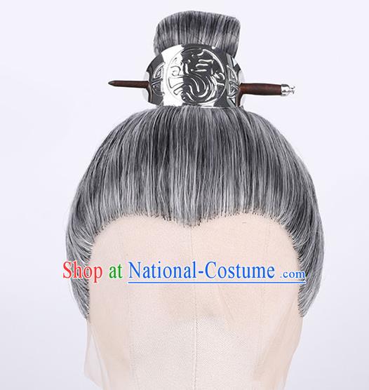 Chinese Handmade Tang Dynasty Milord Grey Front Lace Wigs Traditional Cosplay Official Headdress Ancient Elderly Male Hairpieces