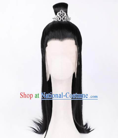 Chinese Traditional Cosplay Swordsman Headdress Ancient Young Childe Hairpieces Handmade Jin Dynasty Prince Black Front Lace Wigs