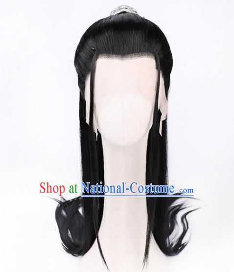 Chinese Handmade Jin Dynasty Knight Black Front Lace Wigs Traditional Cosplay Swordsman Headdress Ancient Young Childe Hairpieces