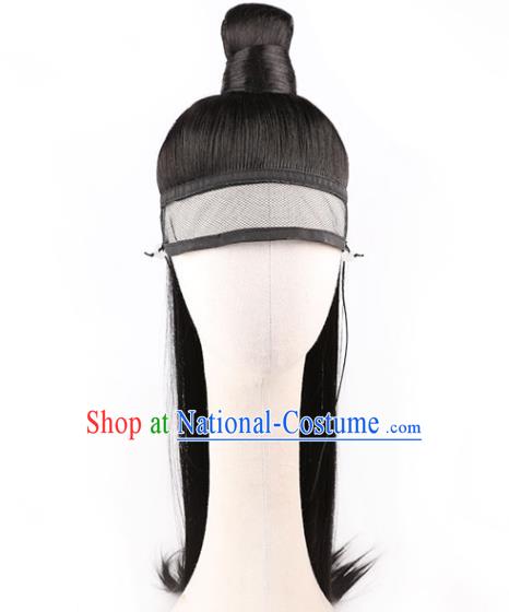 Chinese Handmade Ming Dynasty Imperial Guard Front Lace Wigs Traditional Cosplay Knight Headdress Ancient Young Male Black Hairpieces